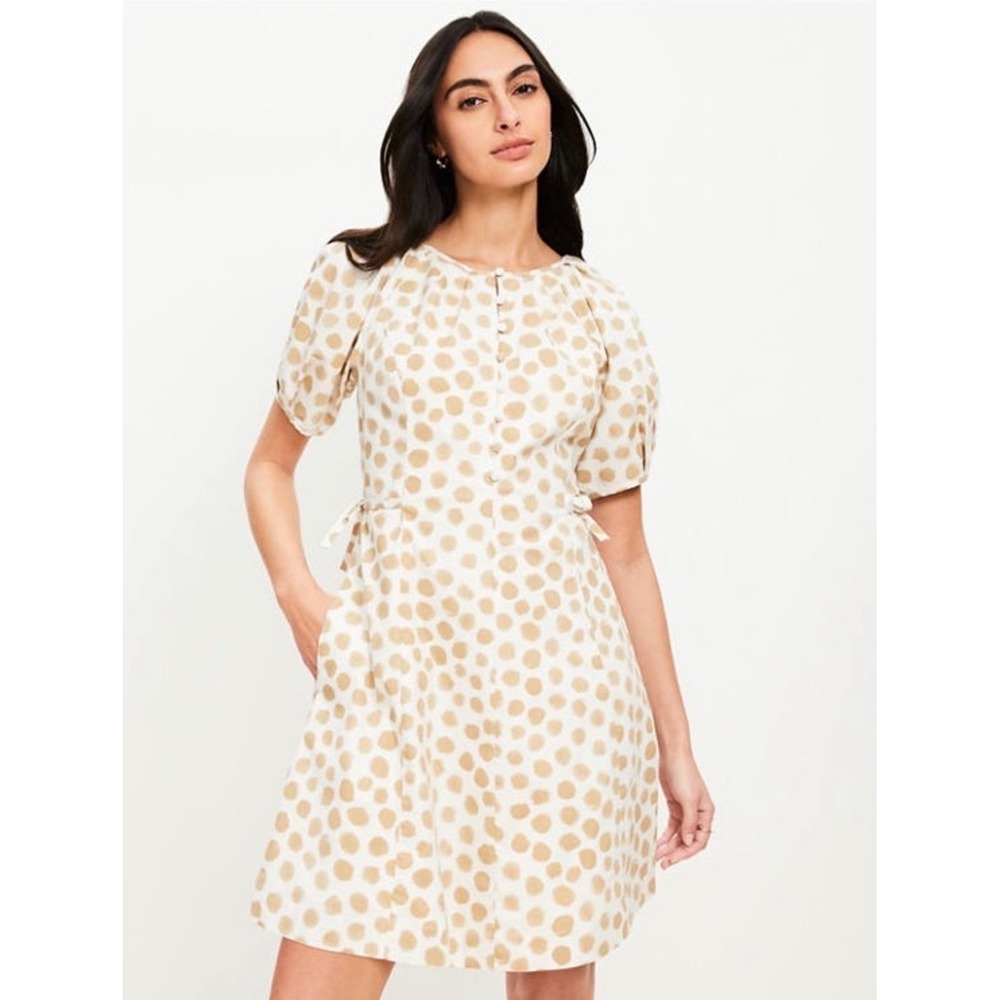 Loft Womens Tan Polka Dot Short Puff Sleeve Tie Waist Shift Dress 6 NWT Cottage